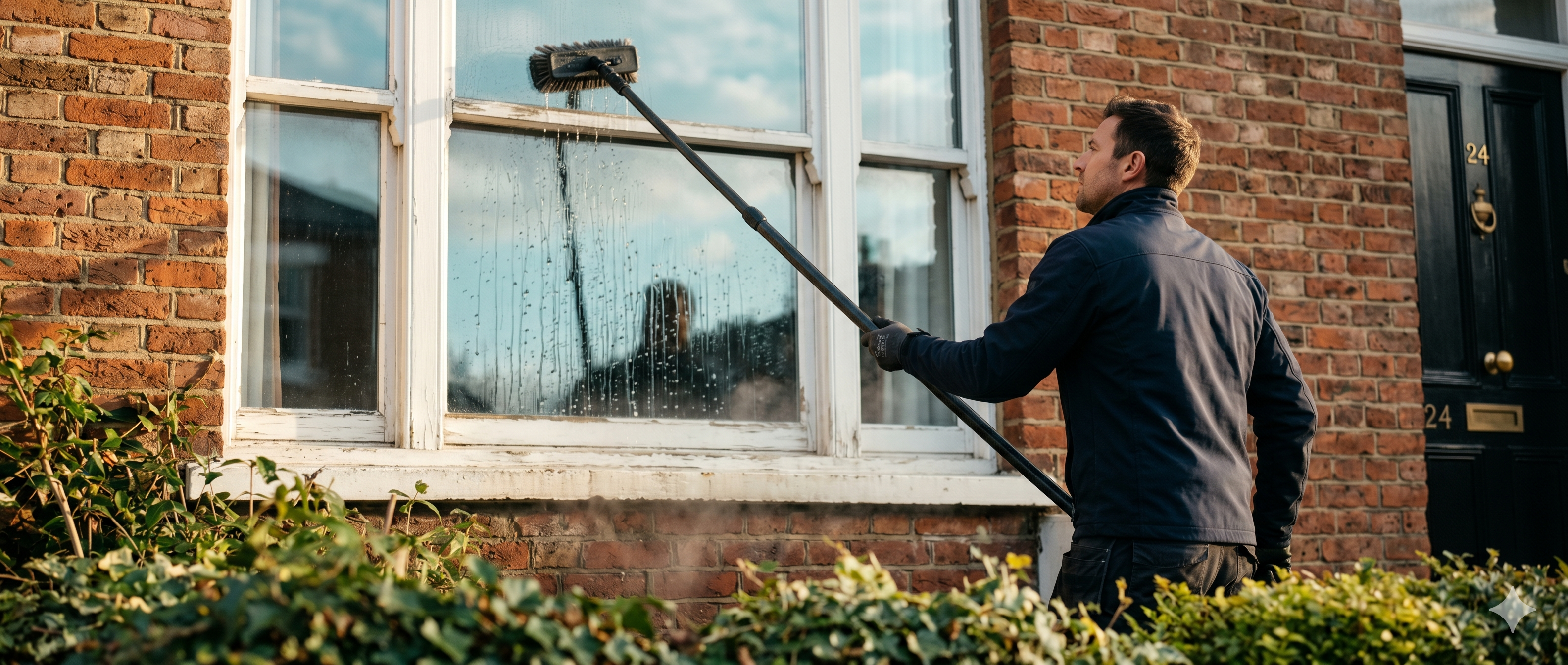 Oscar cleaning a residential sash window with a water-fed pole in soft afternoon light