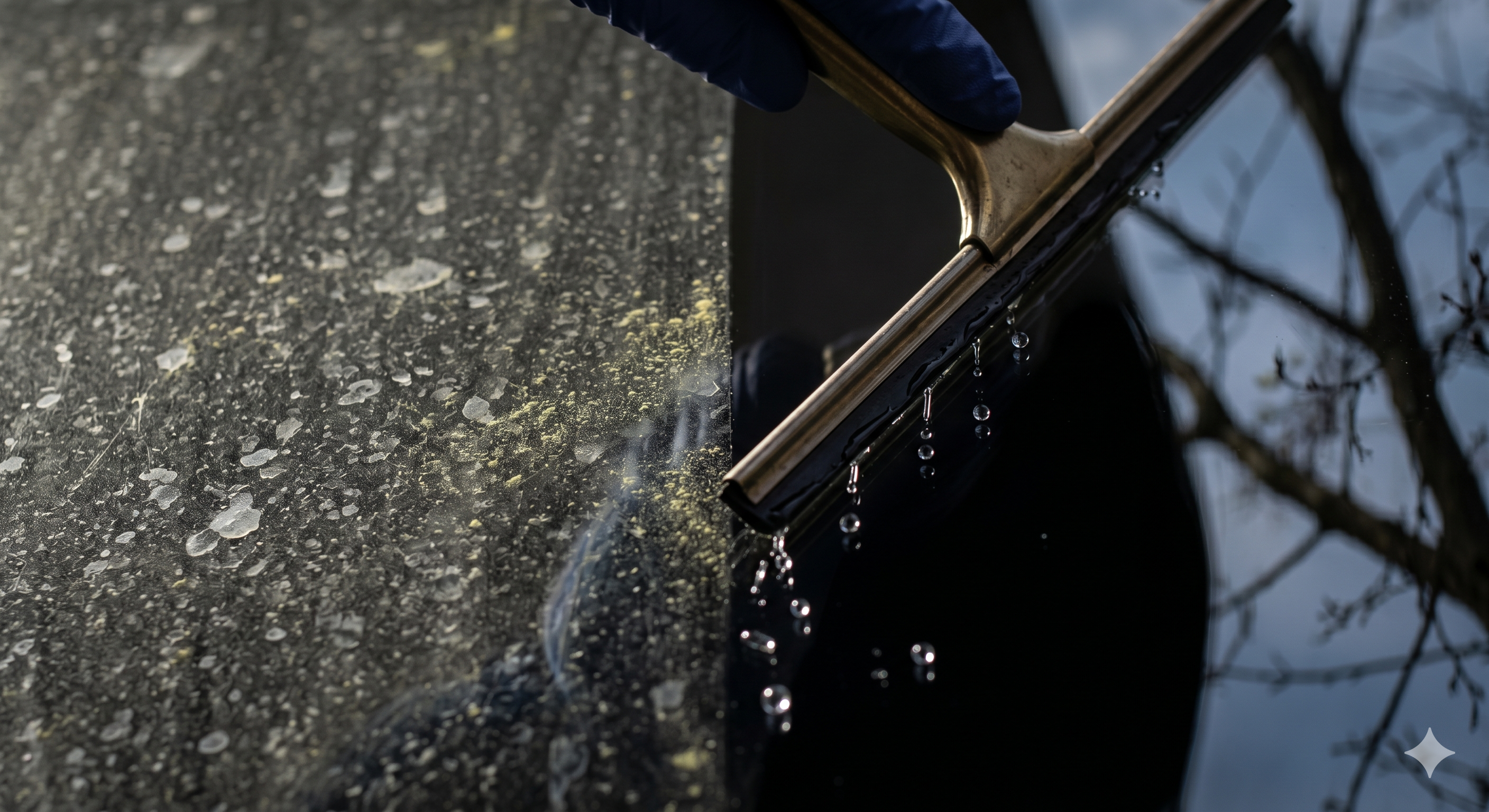 Close-up of a single windowpane mid-wipe with a squeegee drawing a clean line through suds