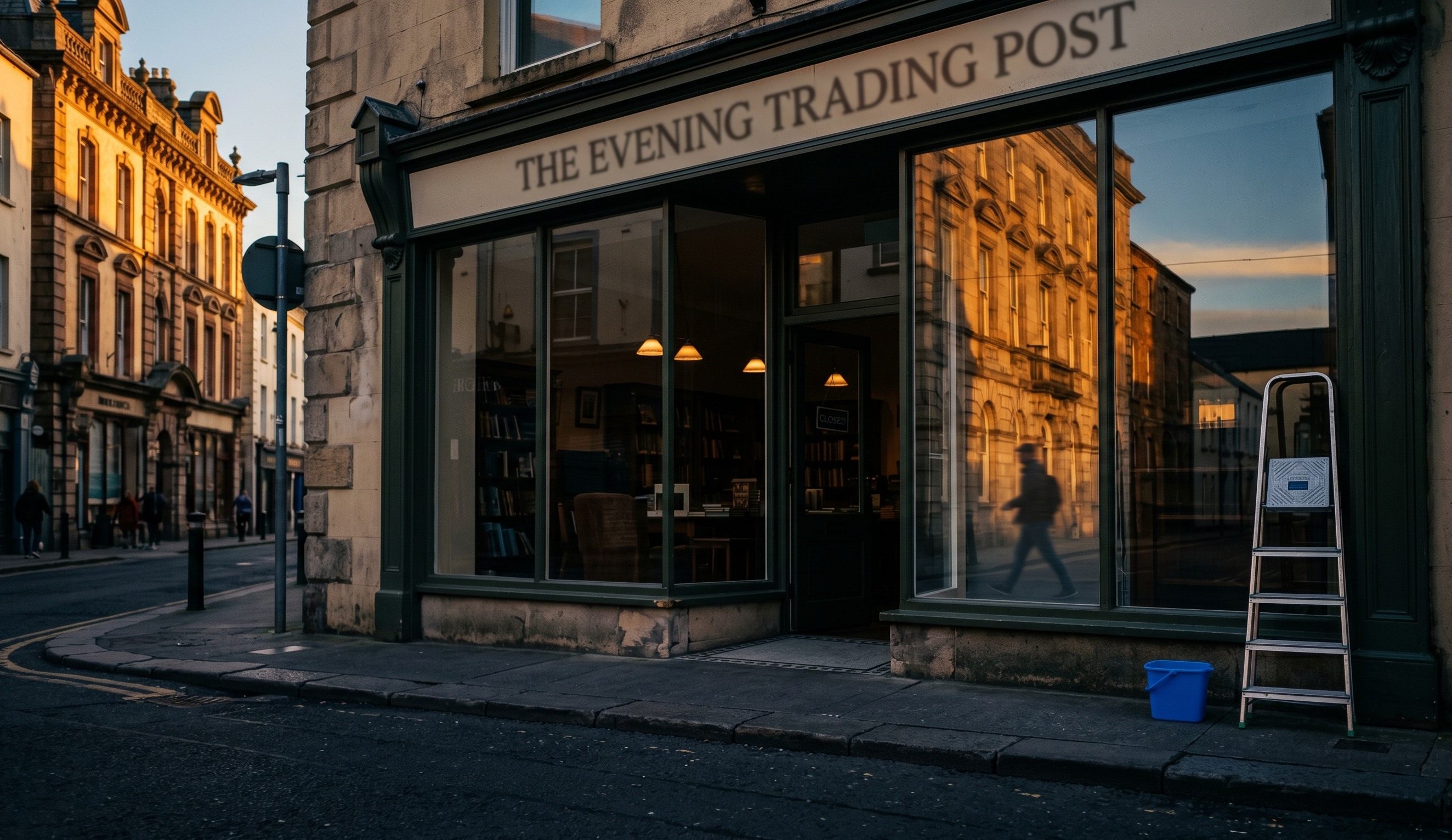 A Westport shopfront at golden hour with newly cleaned glass reflecting the street