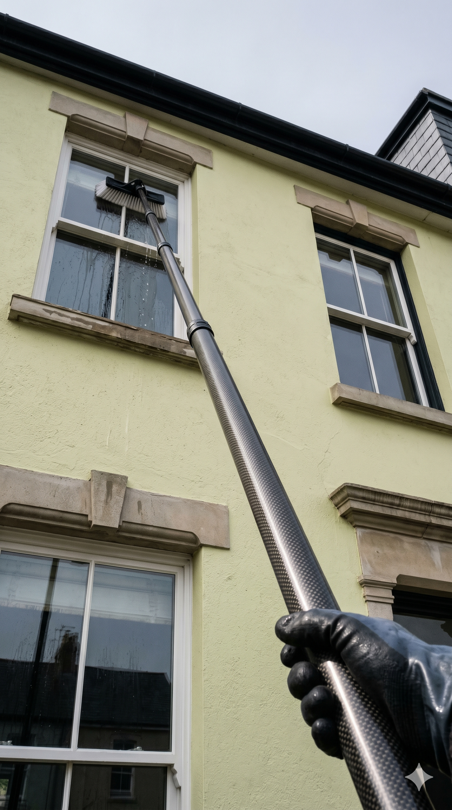 Looking up a water-fed pole as it reaches a first-floor sash window