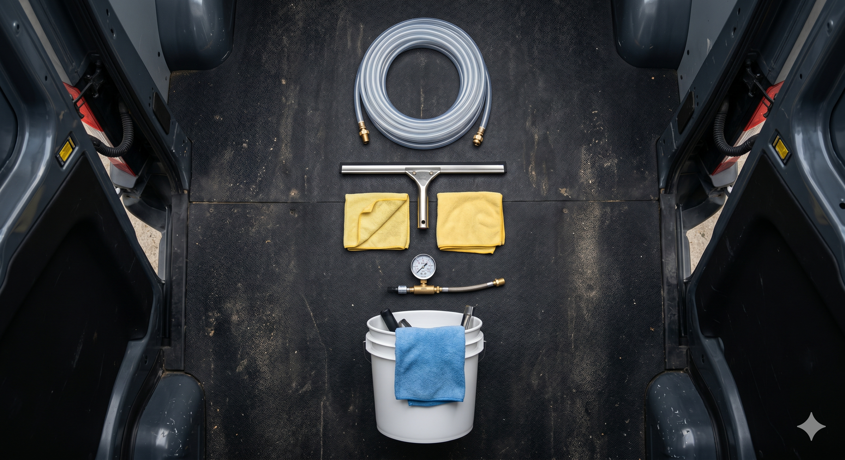 The kit at rest — buckets, brushes, and a coiled hose laid out on the pavement beside the van